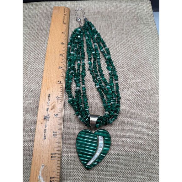 Vintage Sterling Silver Malachite & Mother of Pearl Heart Pendant Necklace Multi - Picture 8 of 9